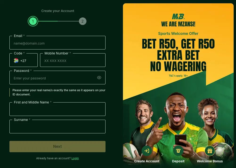 MzansiBet Sign Up Form