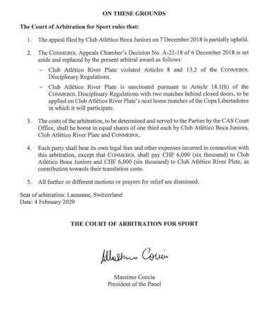 Fallo TAS Boca River Libertadores 2018