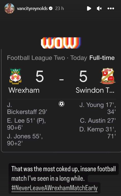 Ryan Reynolds Wrexham Swindon