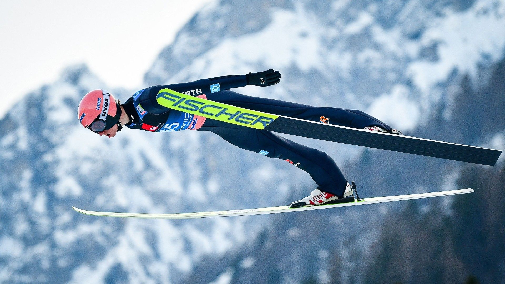 Germany's Karl Geiger competes in the FIS Ski Jumping World Cup Men Flying Hill