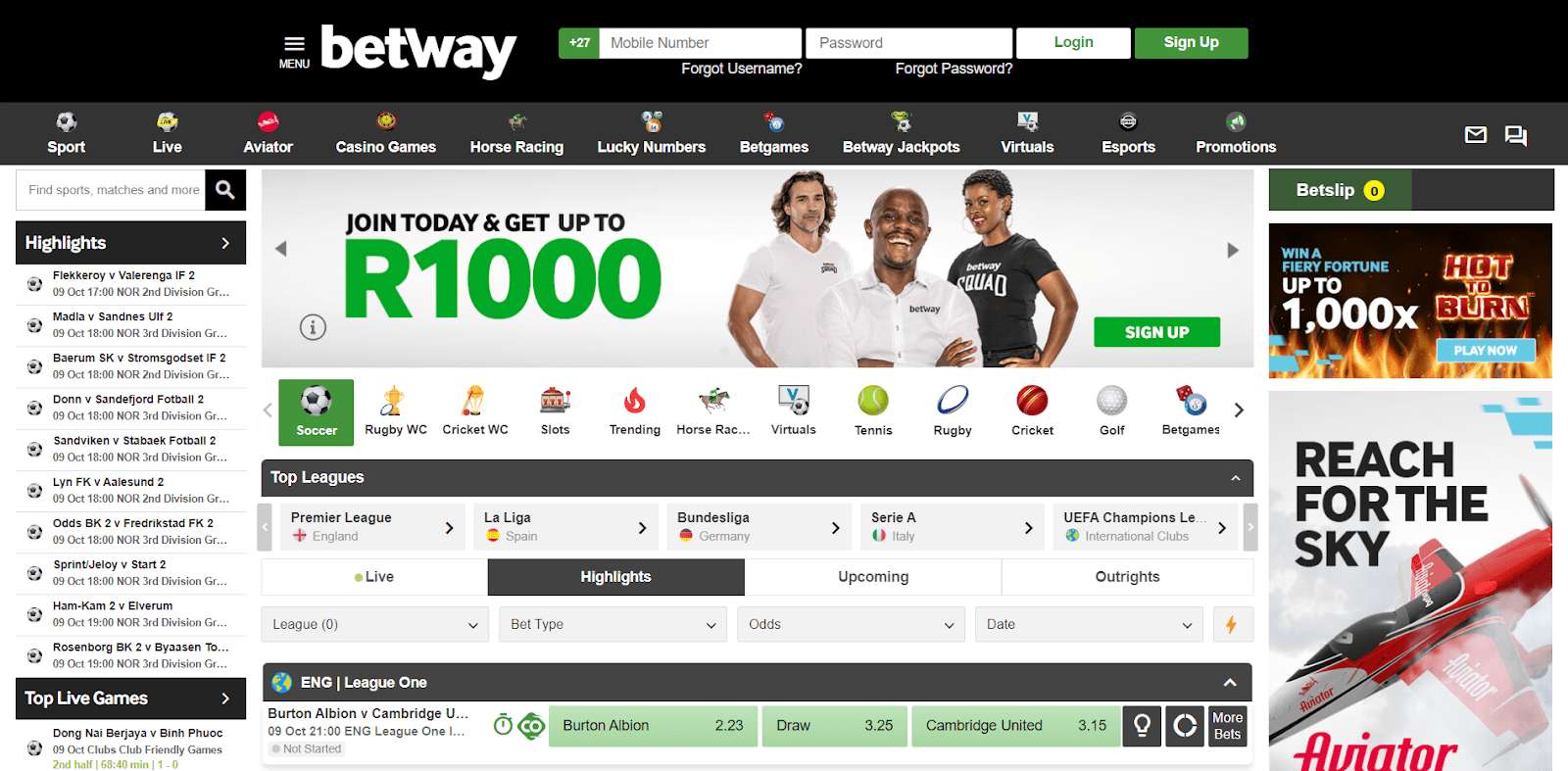 Betway homepage screenshot