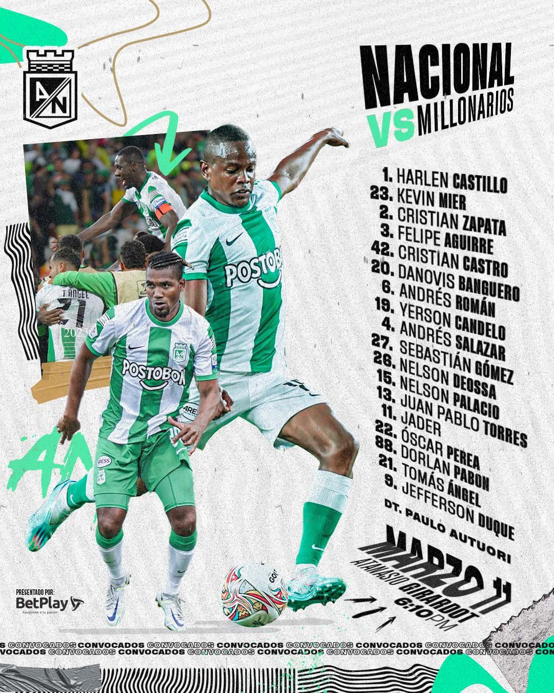 Convocados Atlético Nacional Fecha 8 Liga BetPlay 2023 I
