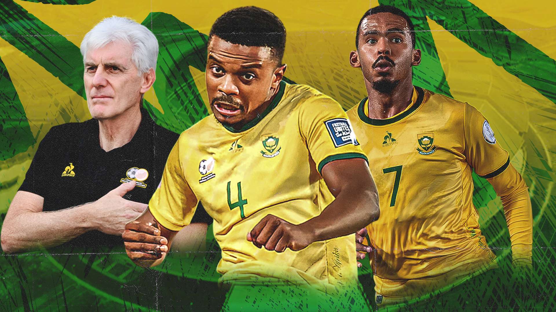 Hugo Broos, Teboho Mokoena and Oswin Appollis of Bafana Bafana