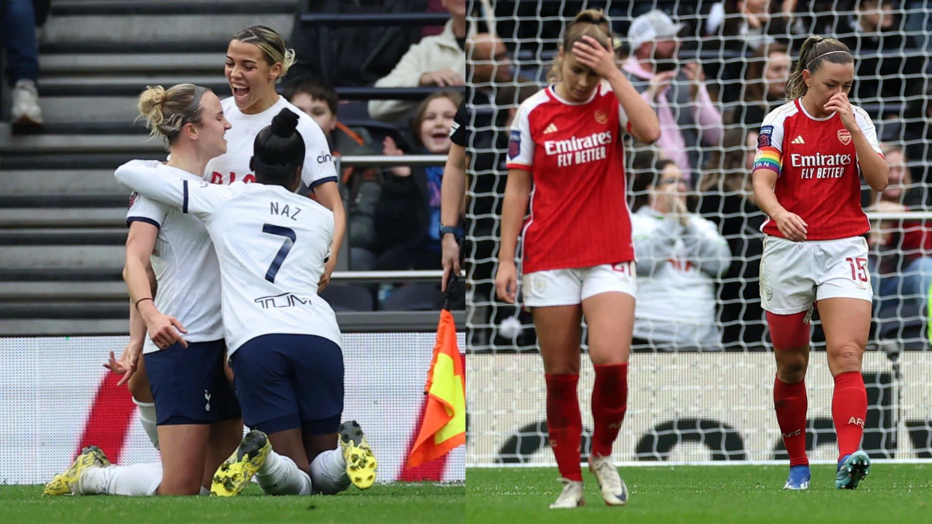 Tottenham celebrating Martha Thomas goal against Arsenal 2023-24 WSL
