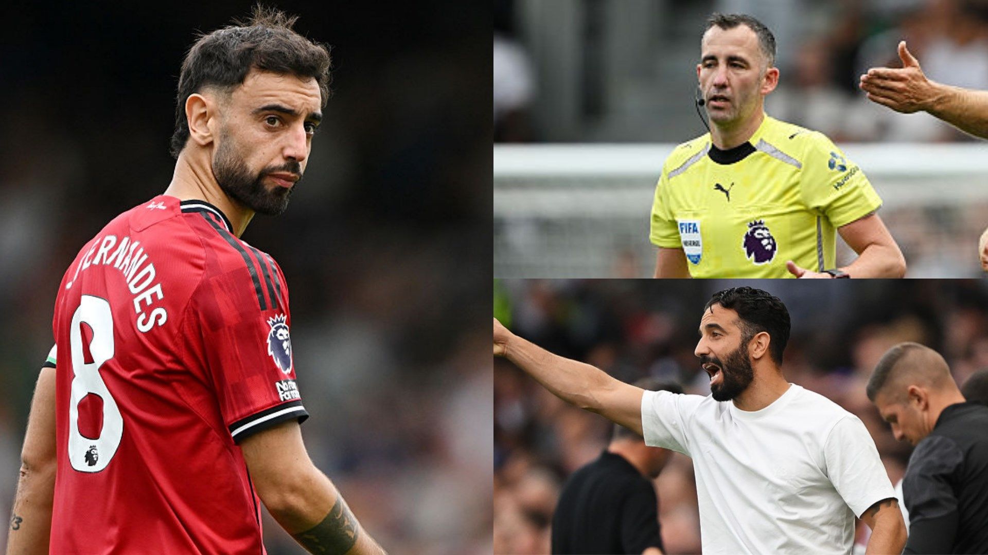 Bruno Fernandes, referee Chris Kavanagh, Ruben Amorim