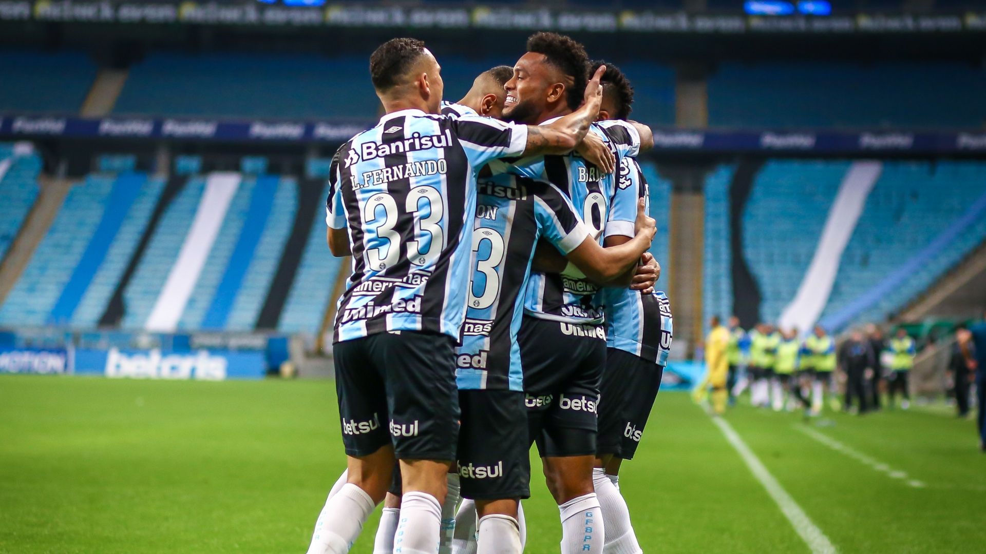 Jogadores comemoram, Grêmio x Bahia, Brasileirão, 21082021