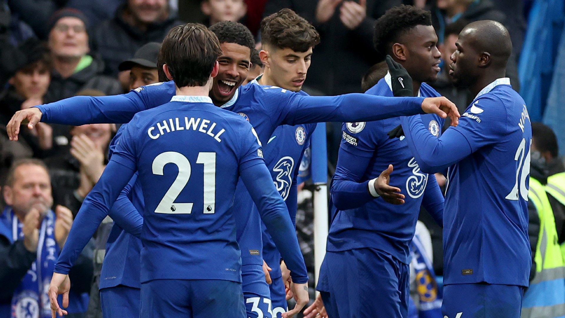 Chelsea celebrating Wesley Fofana goal for Chelsea 2022-23