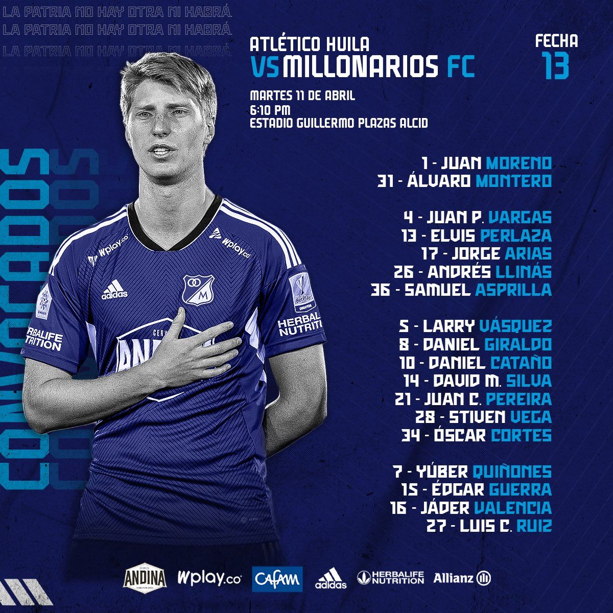 Convocados Millonarios Fecha 13 Liga BetPlay 2023