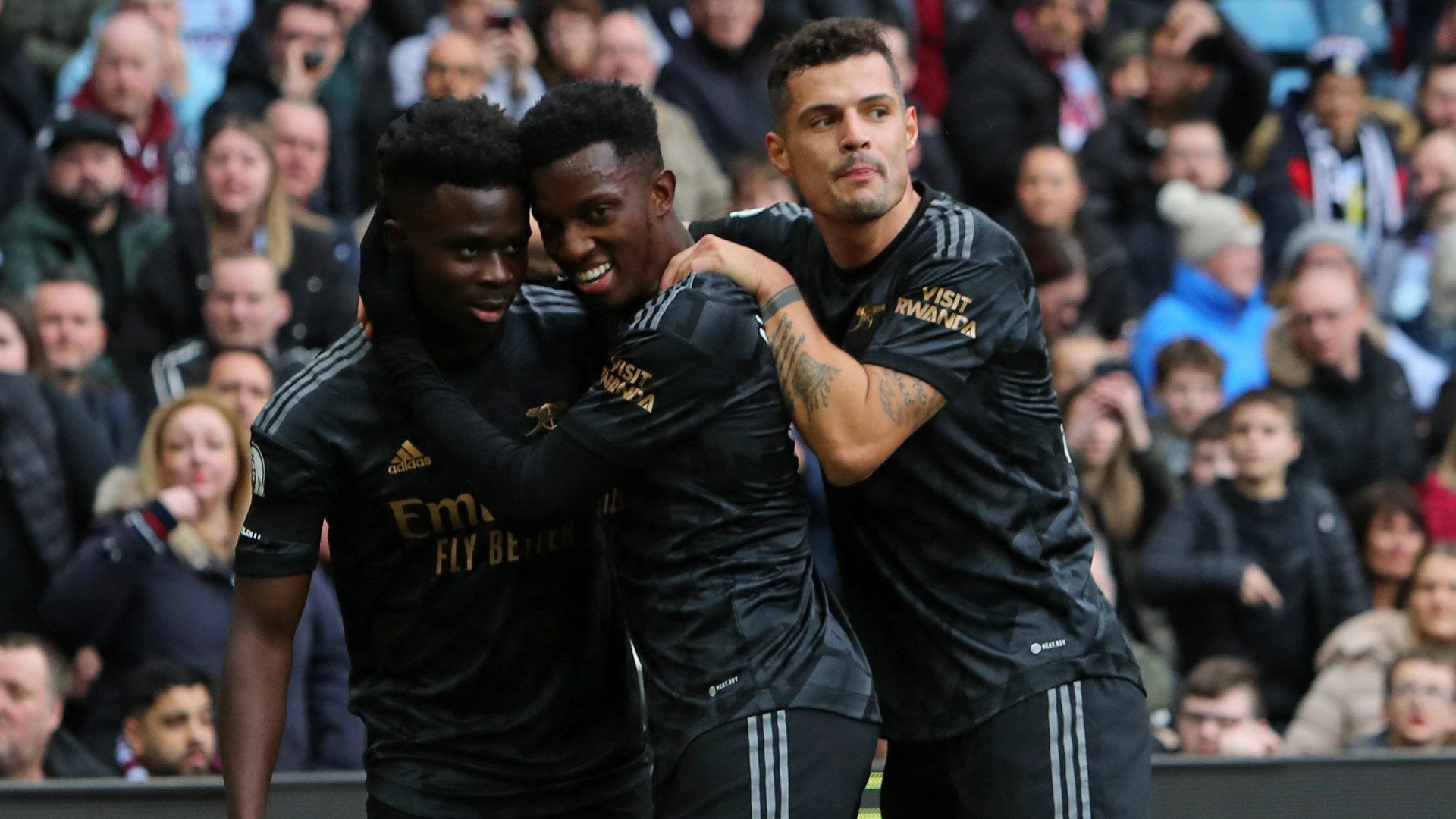 Bukayo Saka celebrating goal Arsenal against Aston Villa 2022-23 Premier League