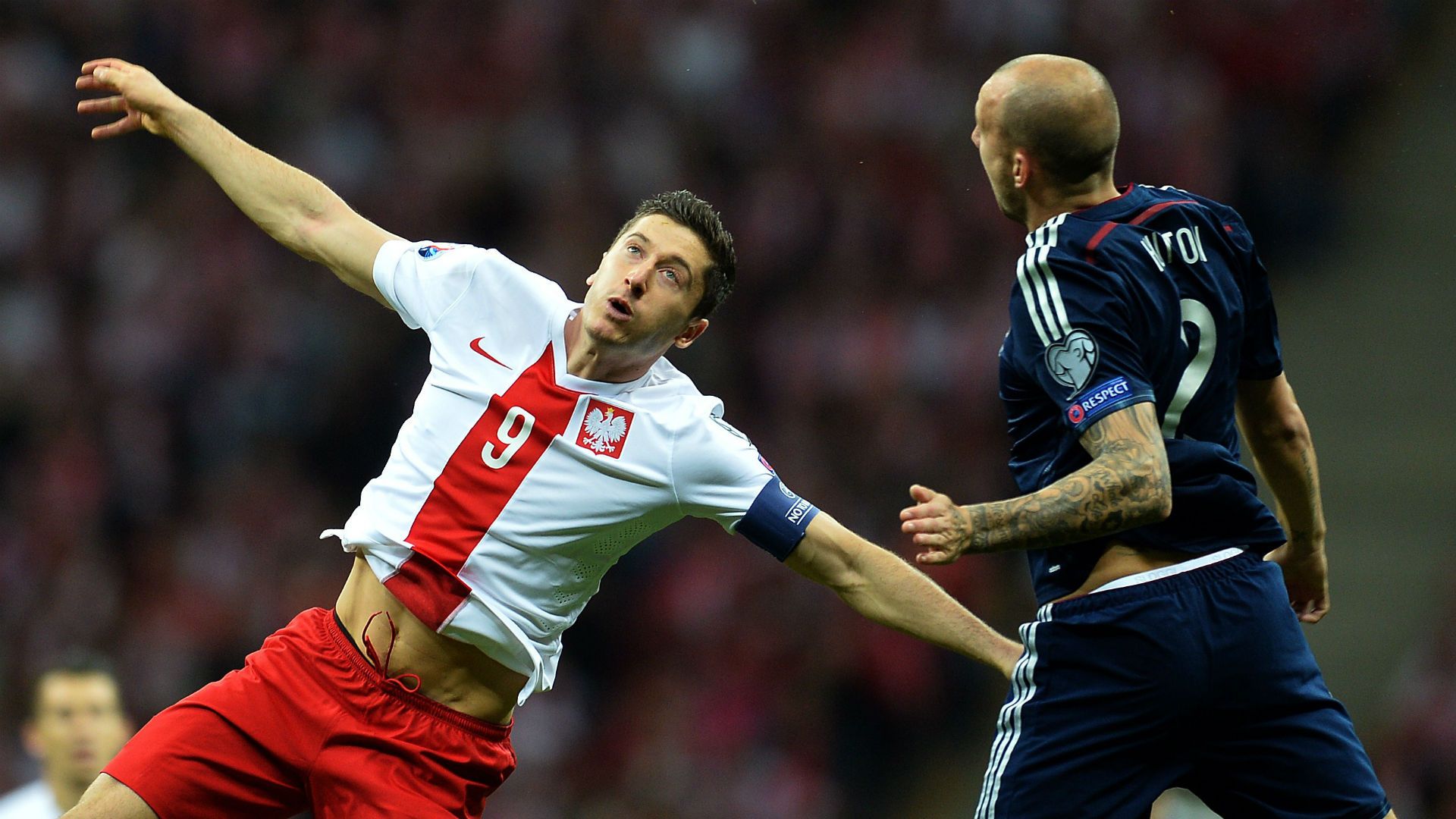 Robert Lewandowski & Alan Hutton Euro 2016 qualifying Poland v Scotland 141014