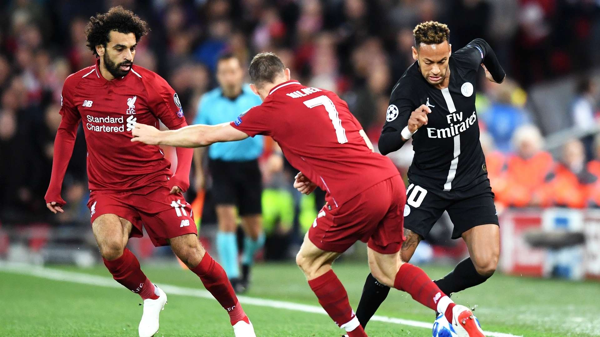 Neymar James Milner Mohamed Salah Liverpool PSG UEFA Champions League 09182018