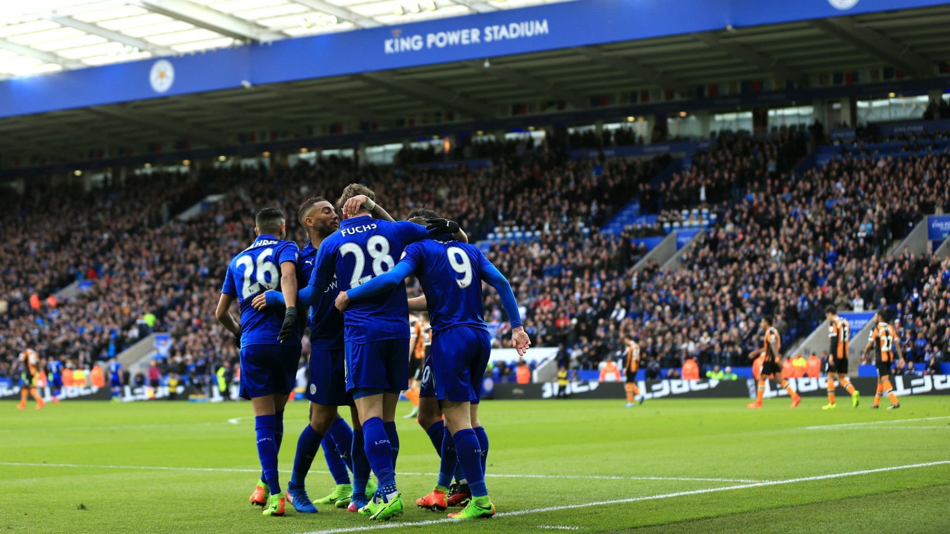 Leicester celebrating vs Hull City Premier League 2017/03/04