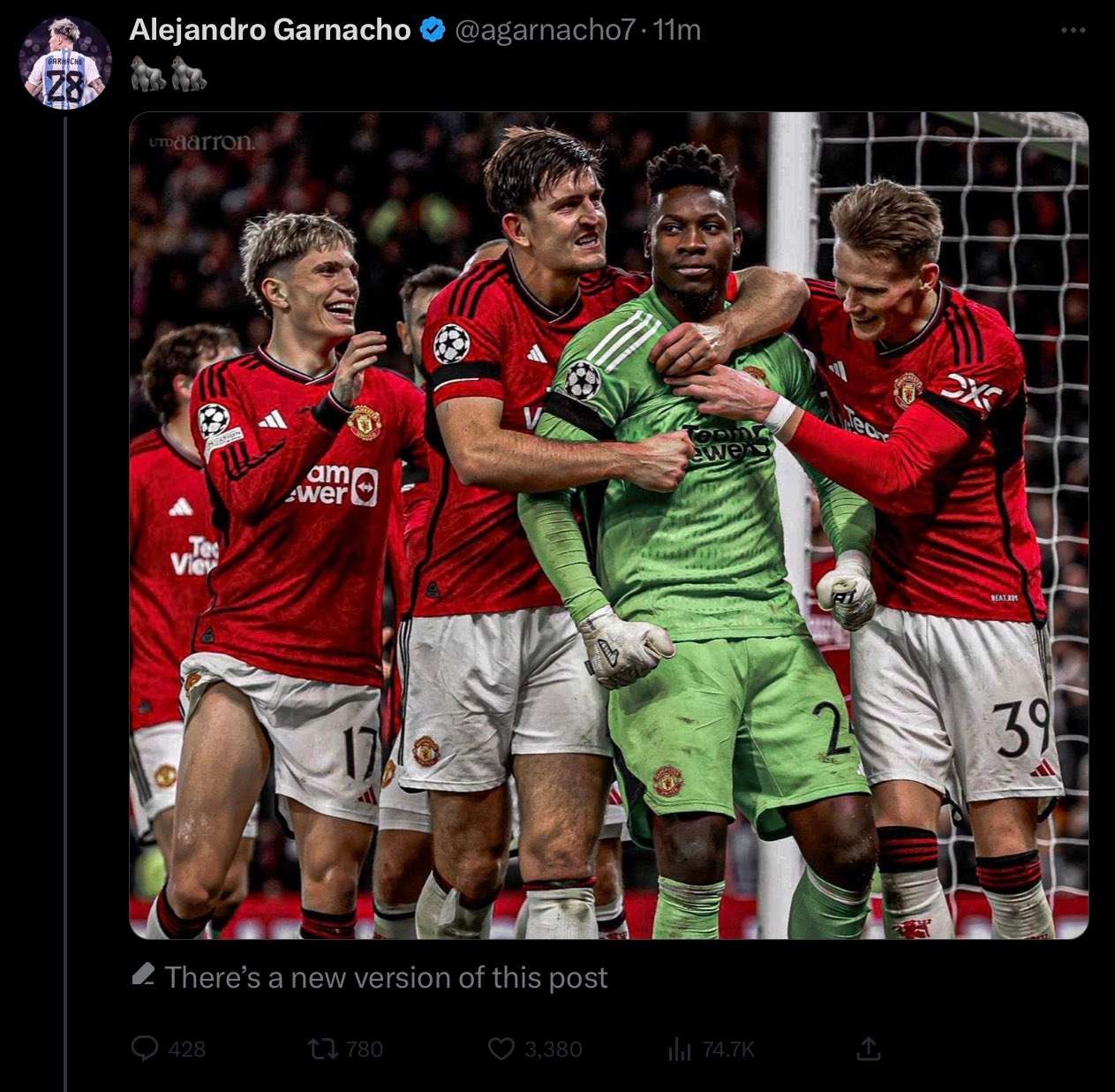 Alejandro Garnacho gorilla tweet Andre Onana