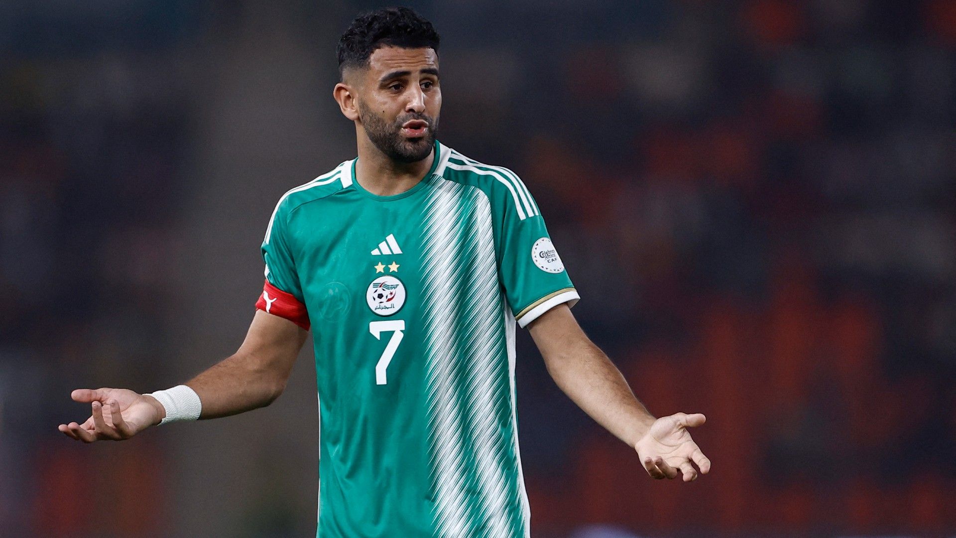 Algeria's forward #7 Riyad Mahrez reacts 