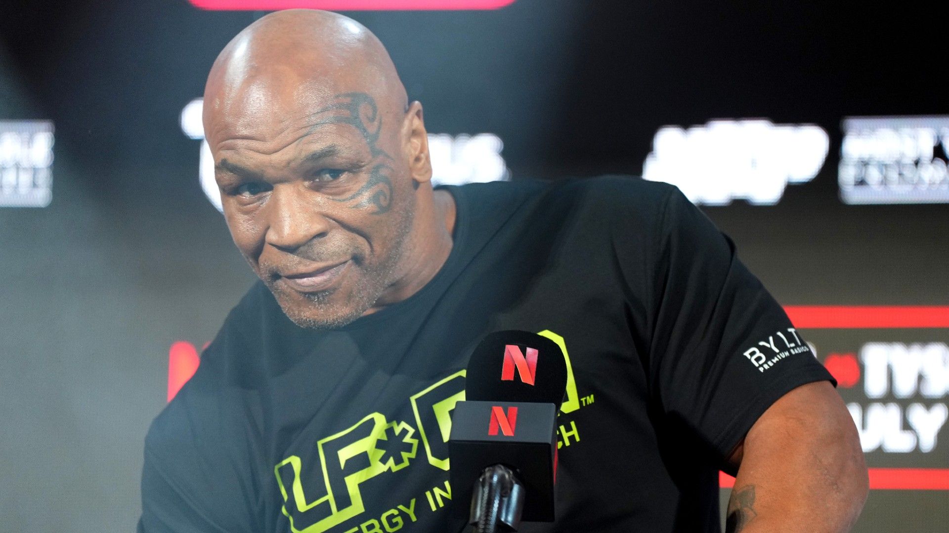 Mike Tyson speaks onstage during the Jake Paul vs. Mike Tyson