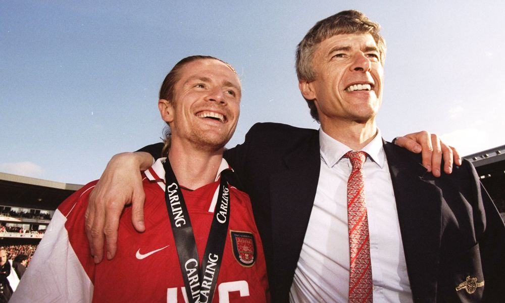 Emmanuel Petit of Arsenal and manager Arsene Wenger