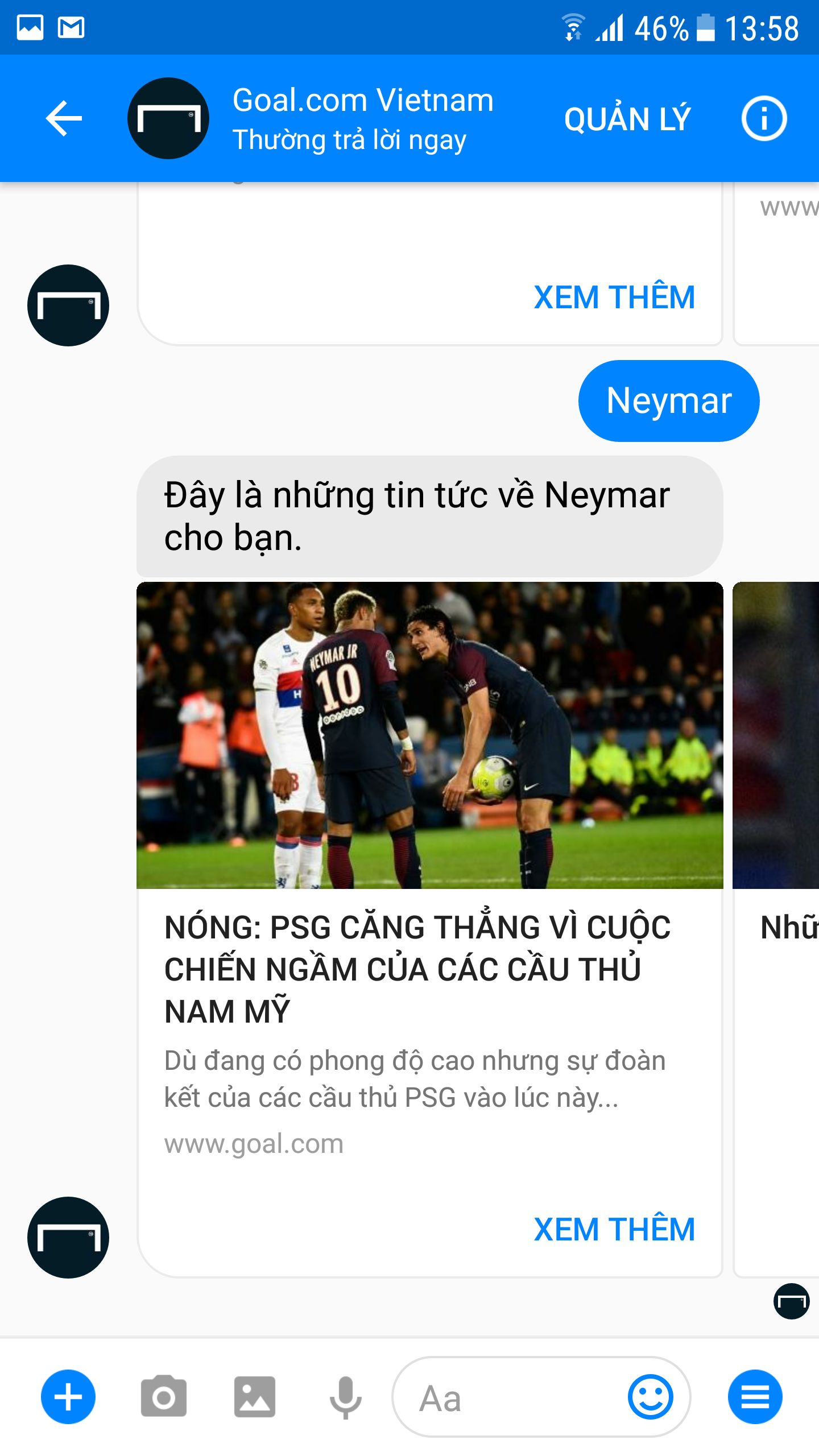 Chat bot Goal.com Vietnam