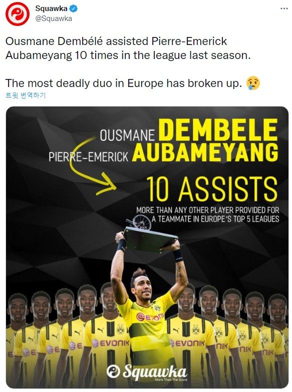 뎀벨레, 2016/17 시즌 오바메양에게 10도움 제공하면서 분데스리가 특정 선수에게 최다 도움 기록