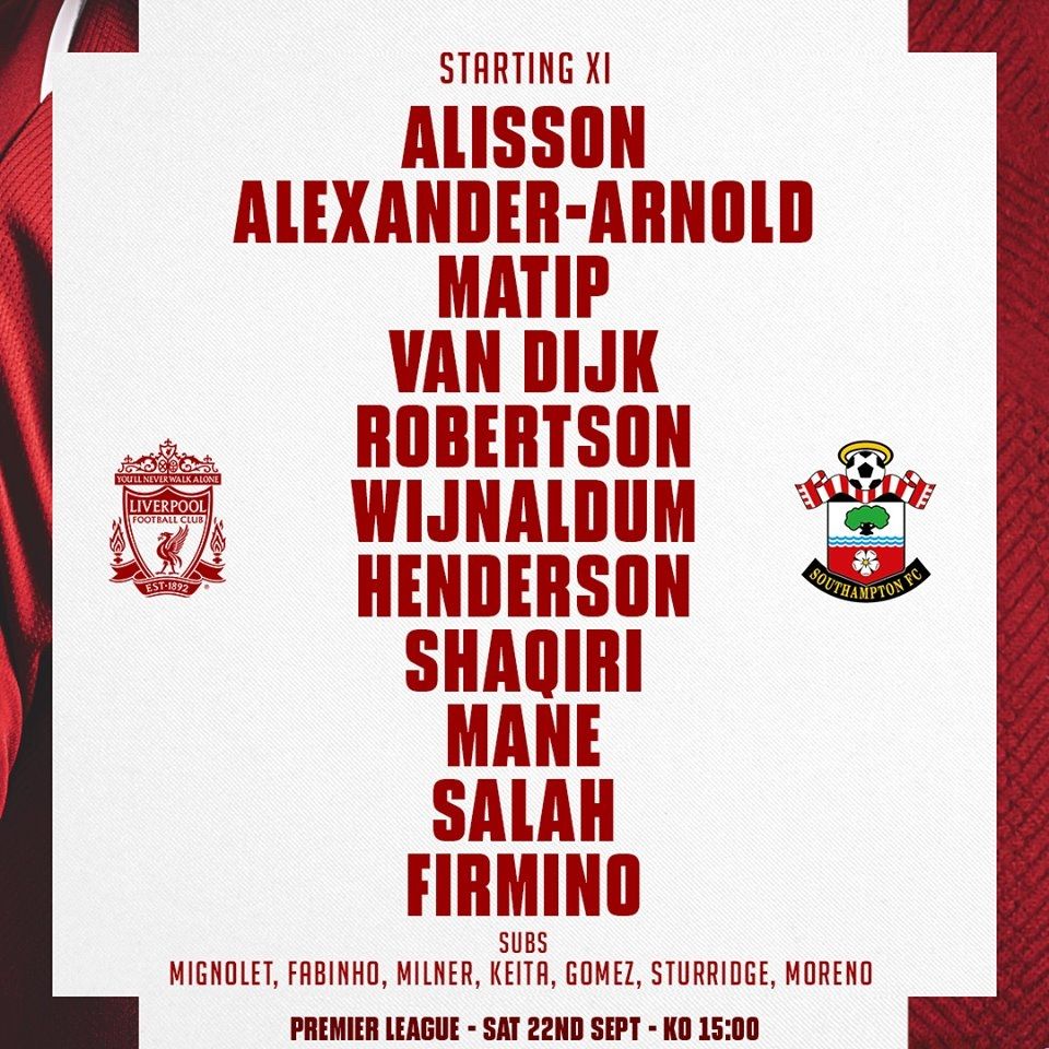 LIV SOU Line up EPL MD6 2018-19