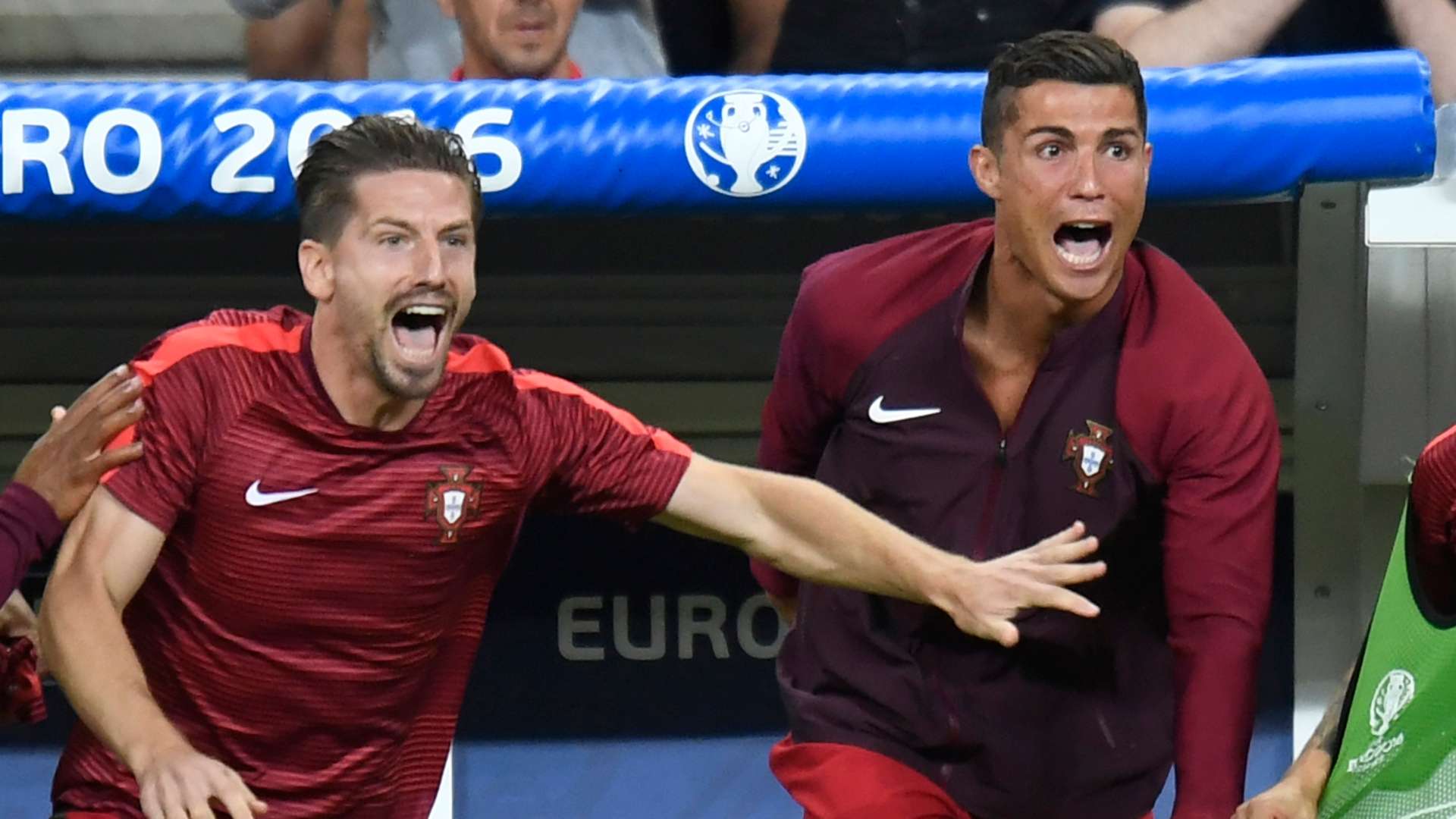 Adrien Silva Cristiano Ronaldo celebrate Portugal Euro 2016 final
