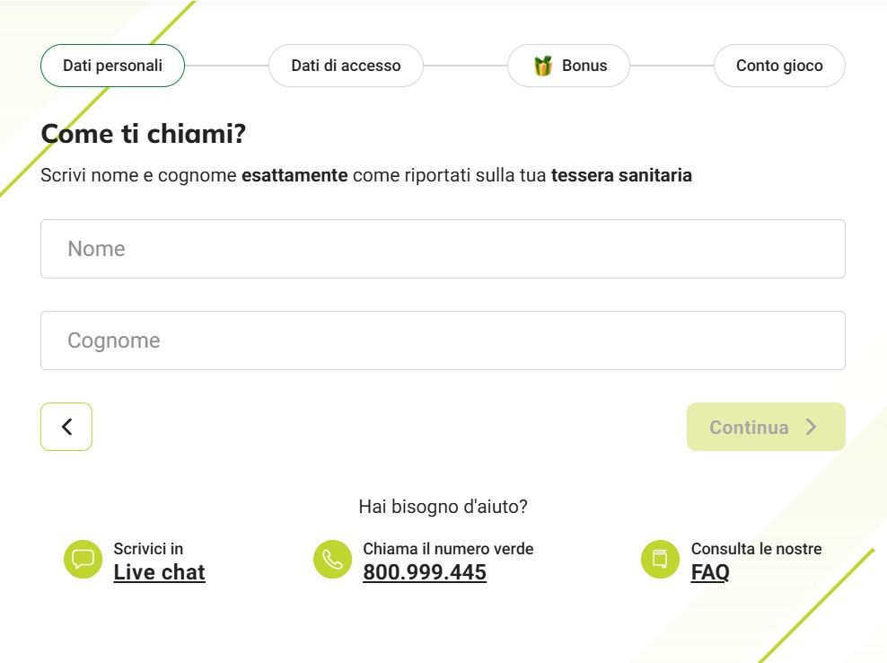 formulario di registrazione sisal