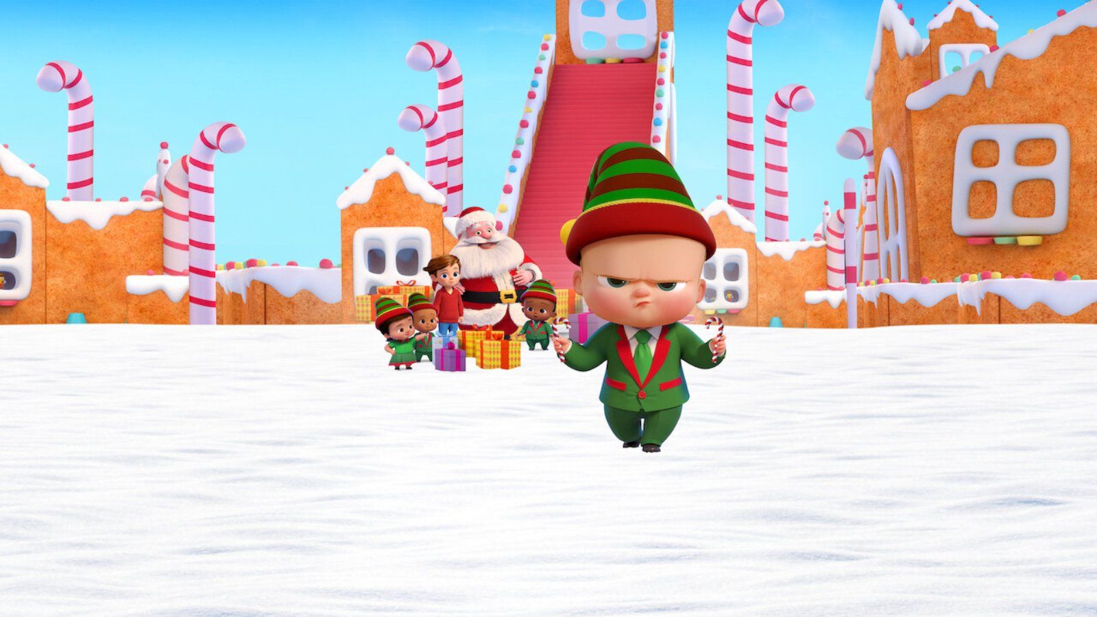 Boss Baby doing Christmassy stuff, in The Boss Baby: Christmas Bonus.