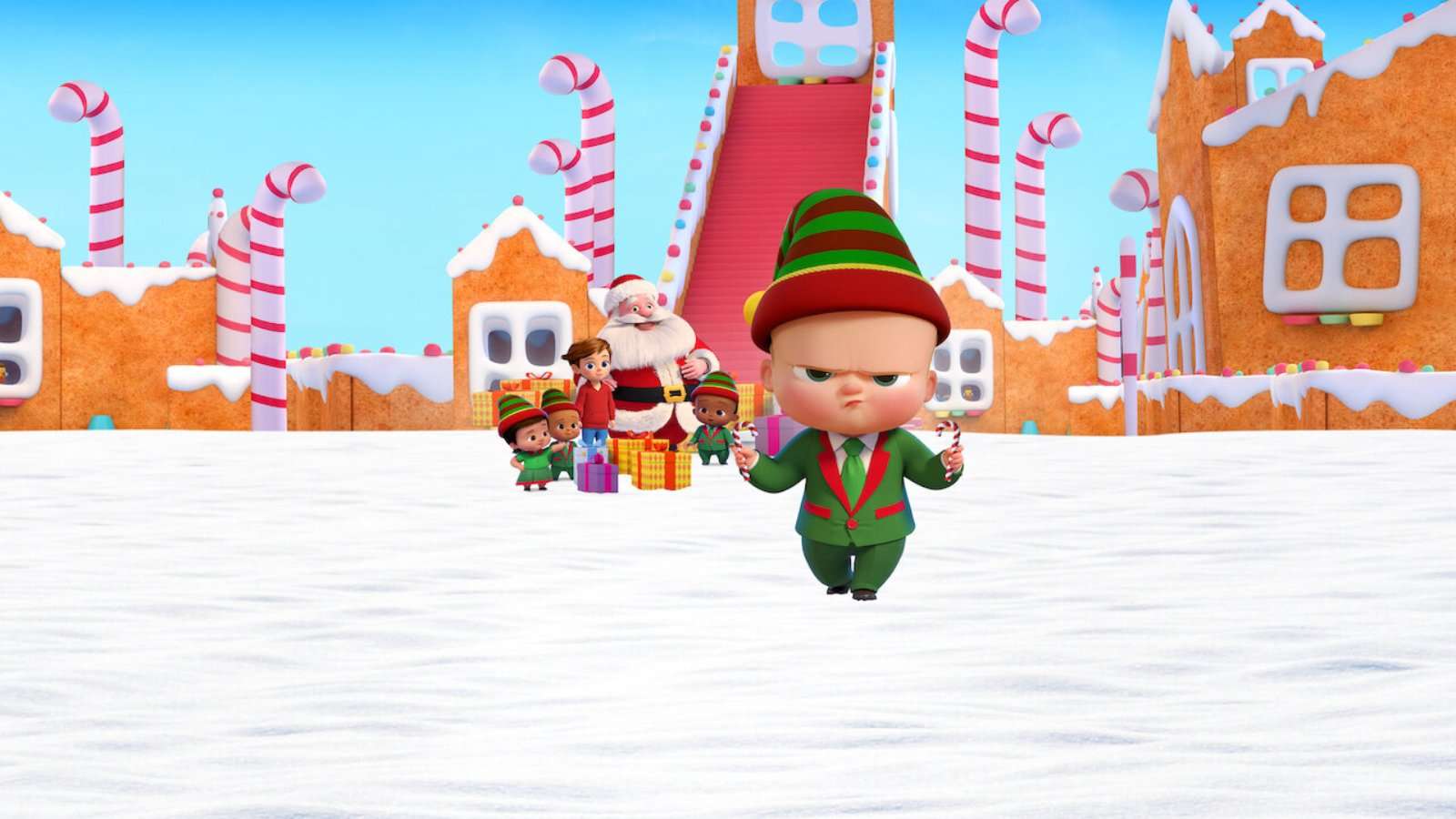 Boss Baby doing Christmassy stuff, in The Boss Baby: Christmas Bonus.