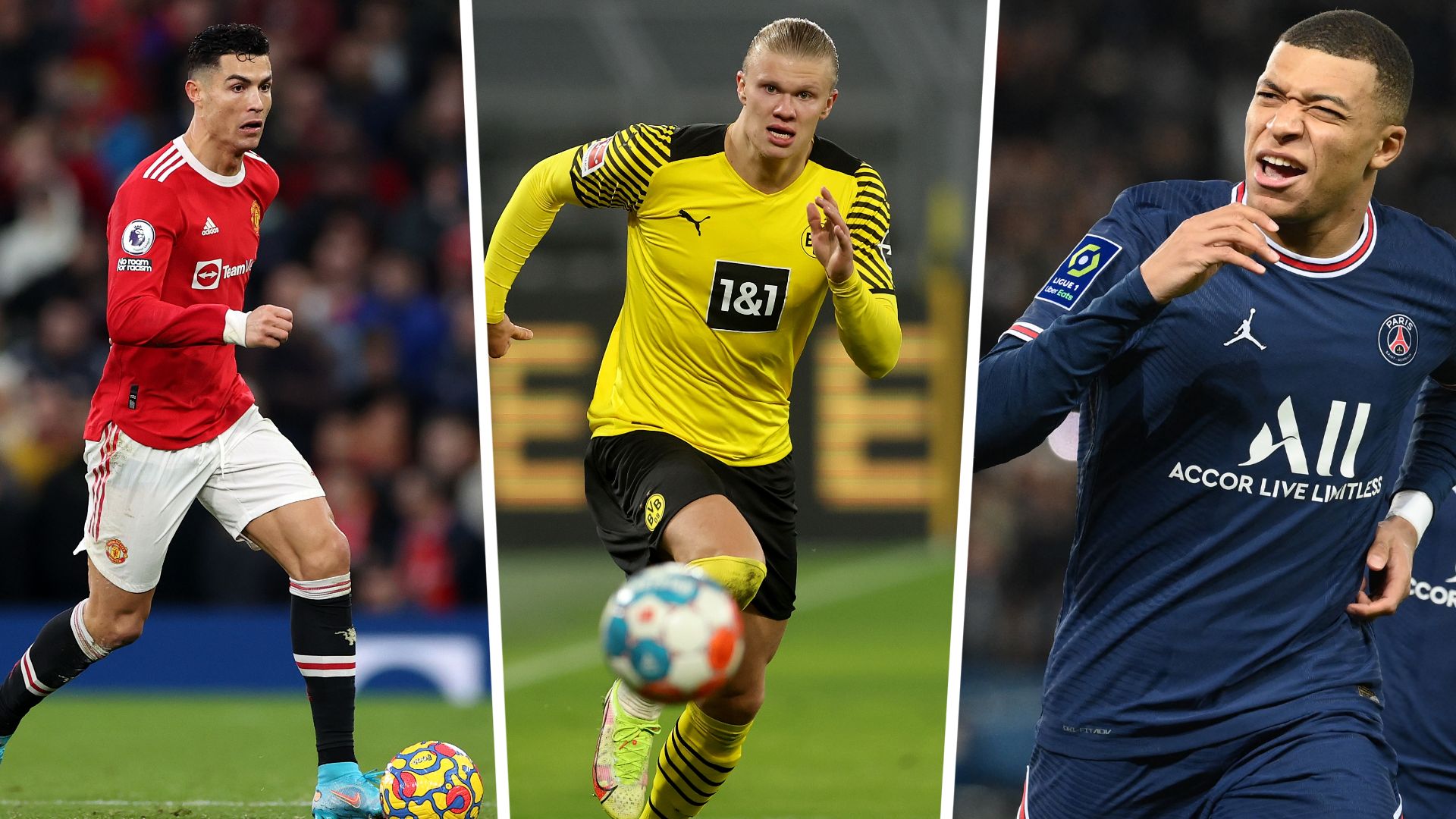 Cristiano Ronaldo, Erling Haaland, Kylian Mbappe GFX