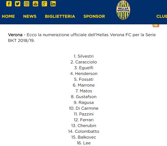 베로나 새시즌 등번호