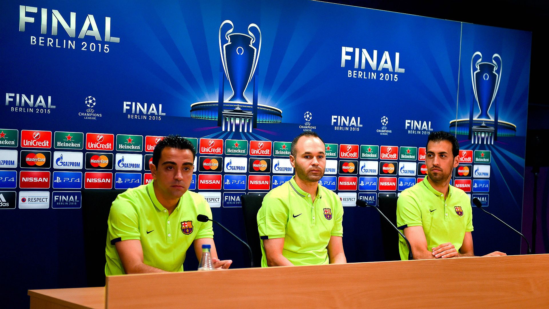 Xavi Hernandez Andres Iniesta Sergio Busquets Barcelona Open Media Day UCL 02062015
