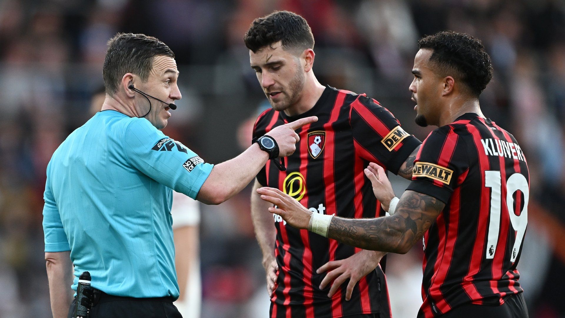 Referee Tony Harrington Marcos Senesi Justin Kluivert Bournemouth 2023-24