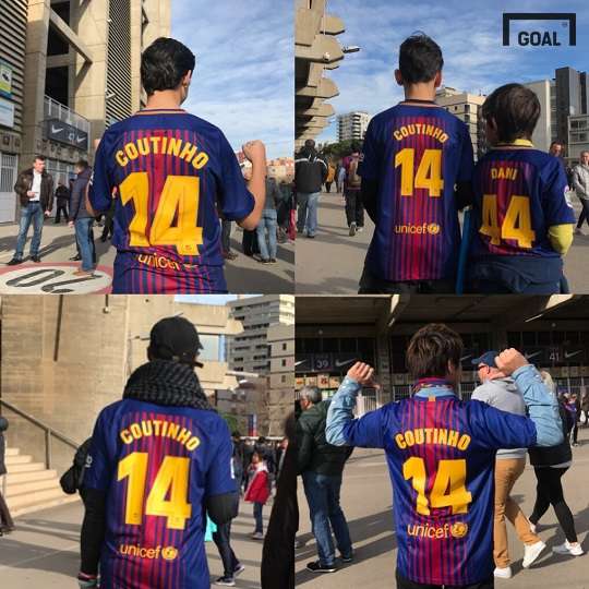 현지시간 11일, 캄프누에서 만난 쿠티뉴 팬들이 쿠티뉴 이름이 새겨진 유니폼을 입고 있다. 사진=골닷컴 이하영 에디터