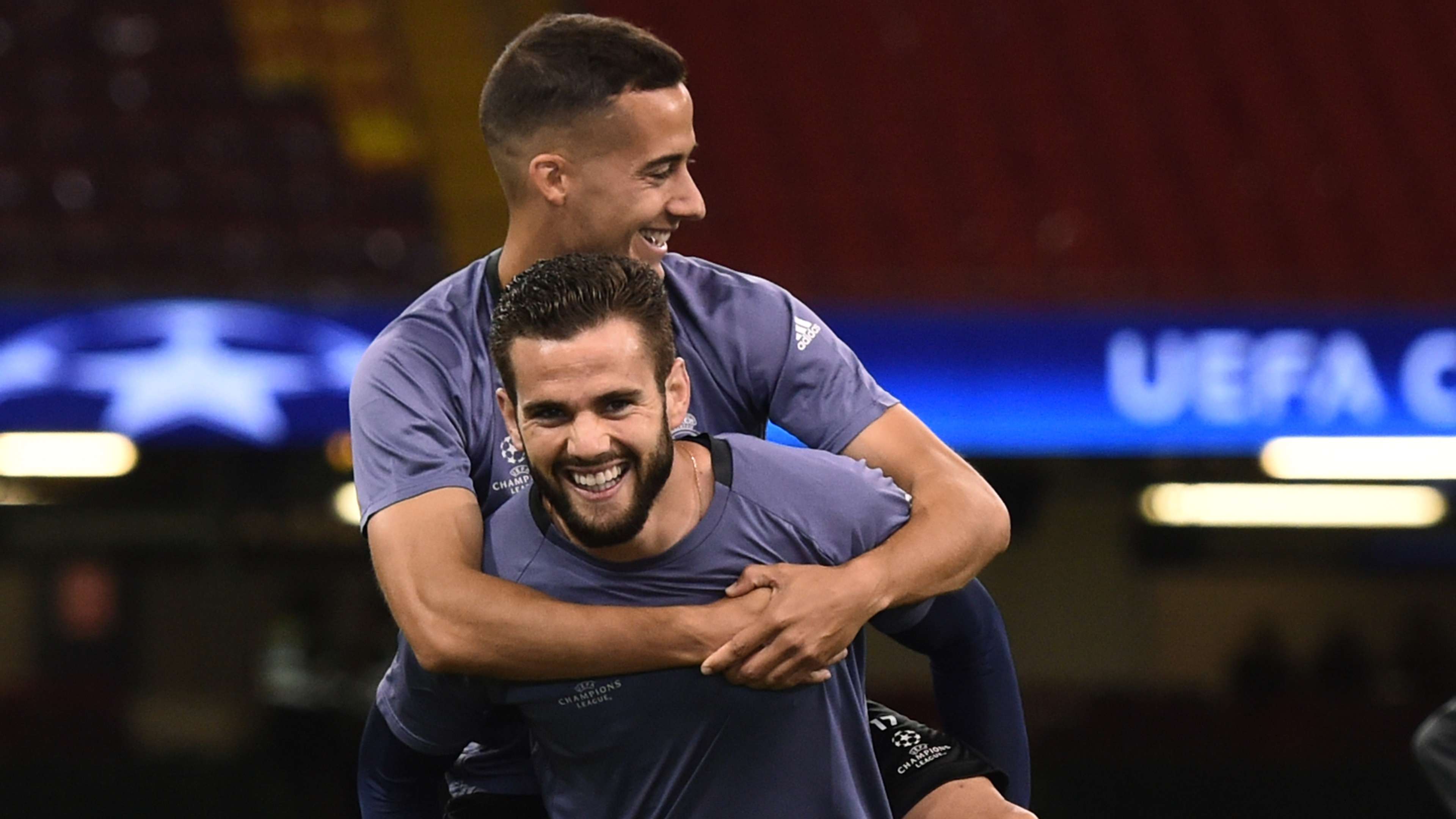 Real Madrid players Nacho Fernandez and Lucas Vazquez ahead a Champions League game