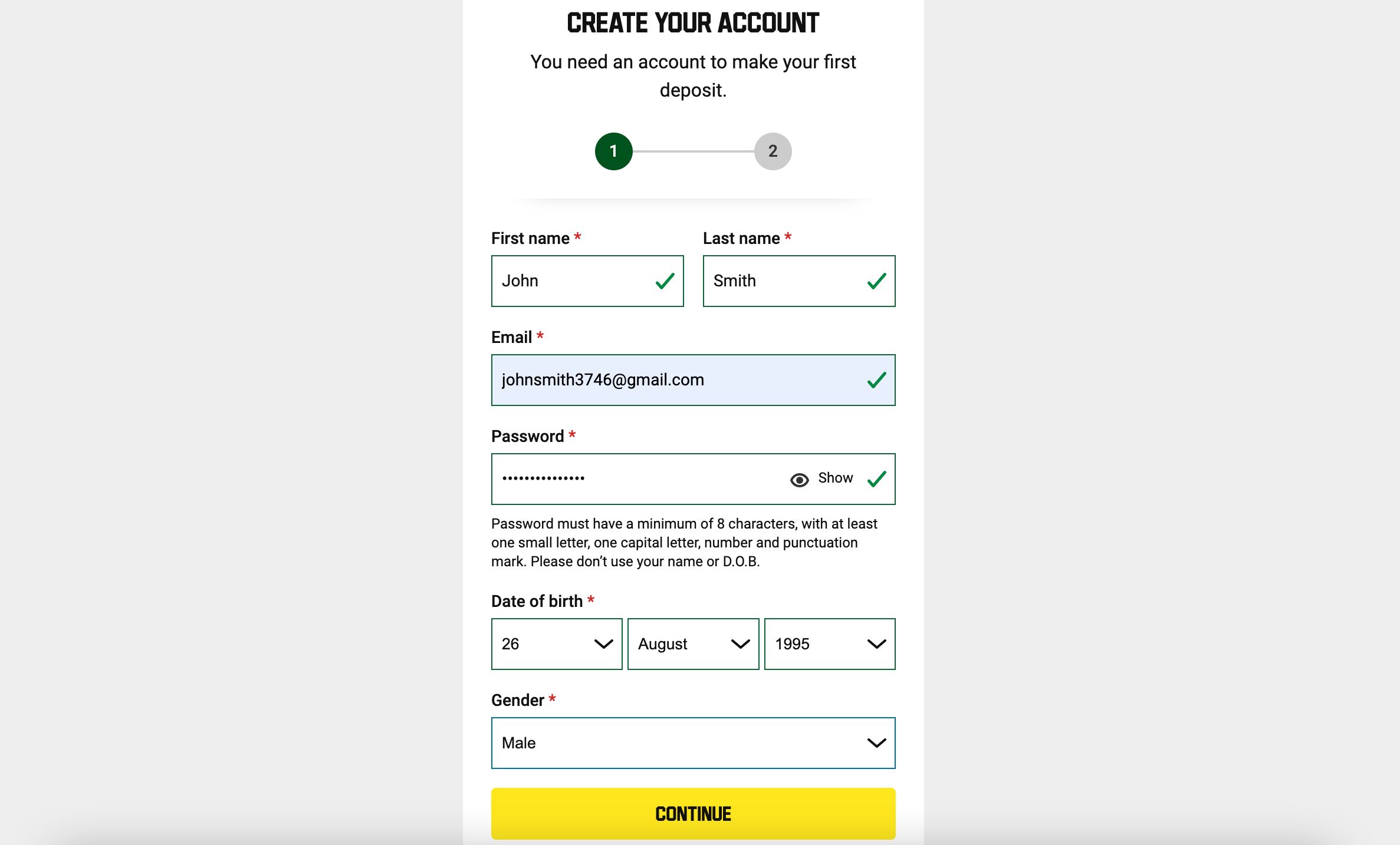 Unibet sign up screen