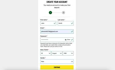 Unibet sign up screen