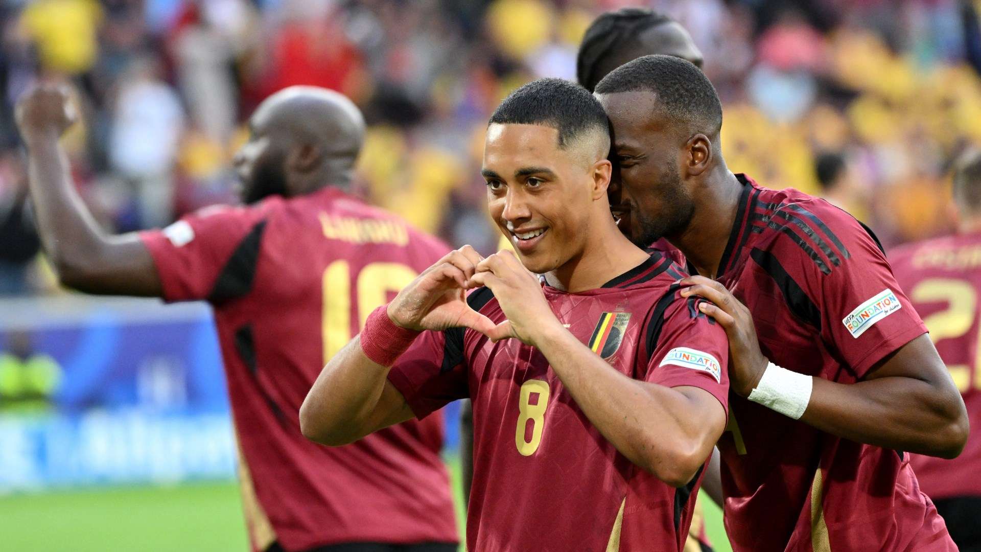 Youri Tielemans celebrates scoring the opening goal for Belgium against Romania at Euro 2024