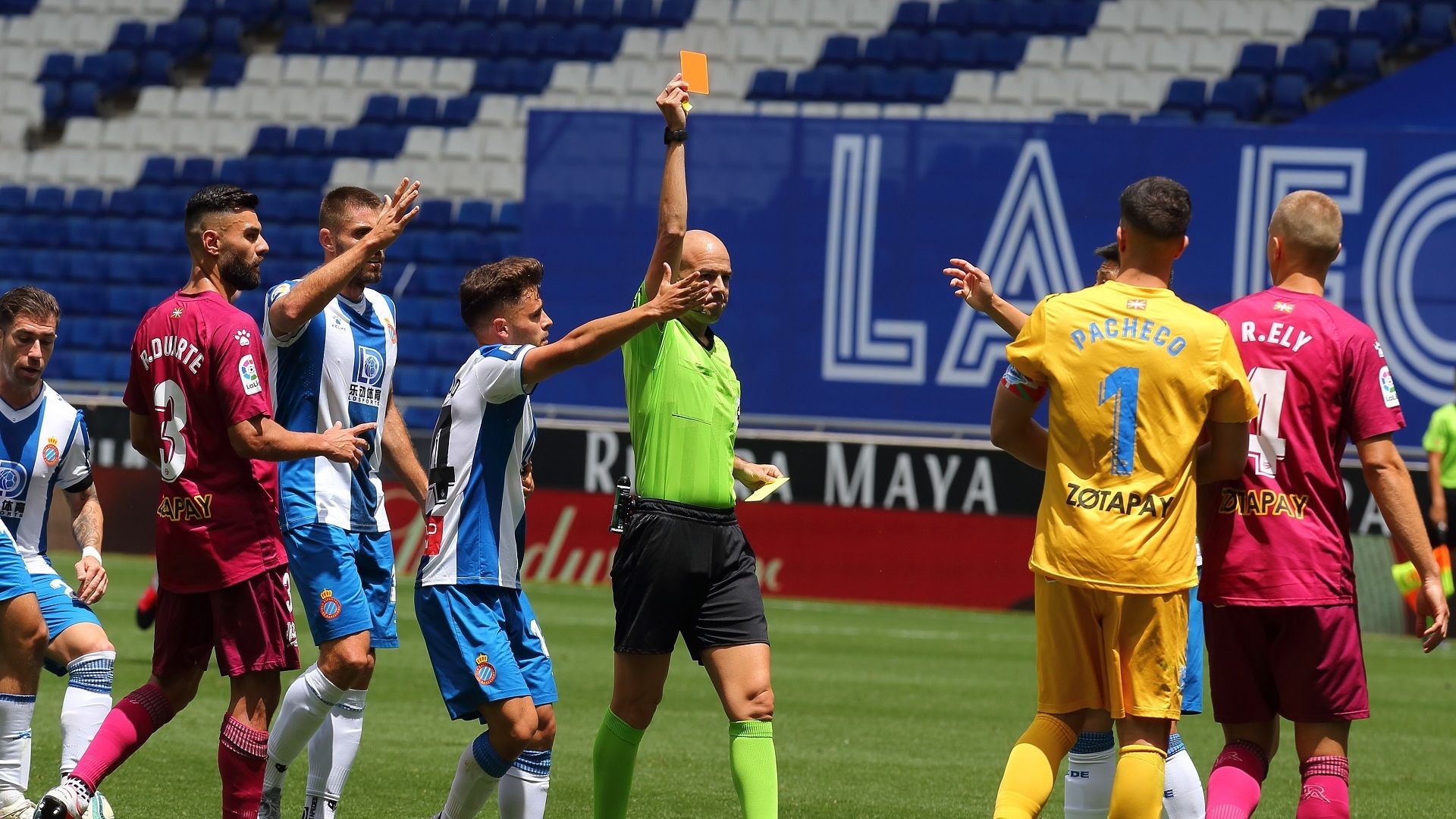 Deportivo Alaves goalkeeper Fernando Pacheco is shown a second yellow card and subsequent red card in a LaLiga match against Espanyol on 13 June 2020