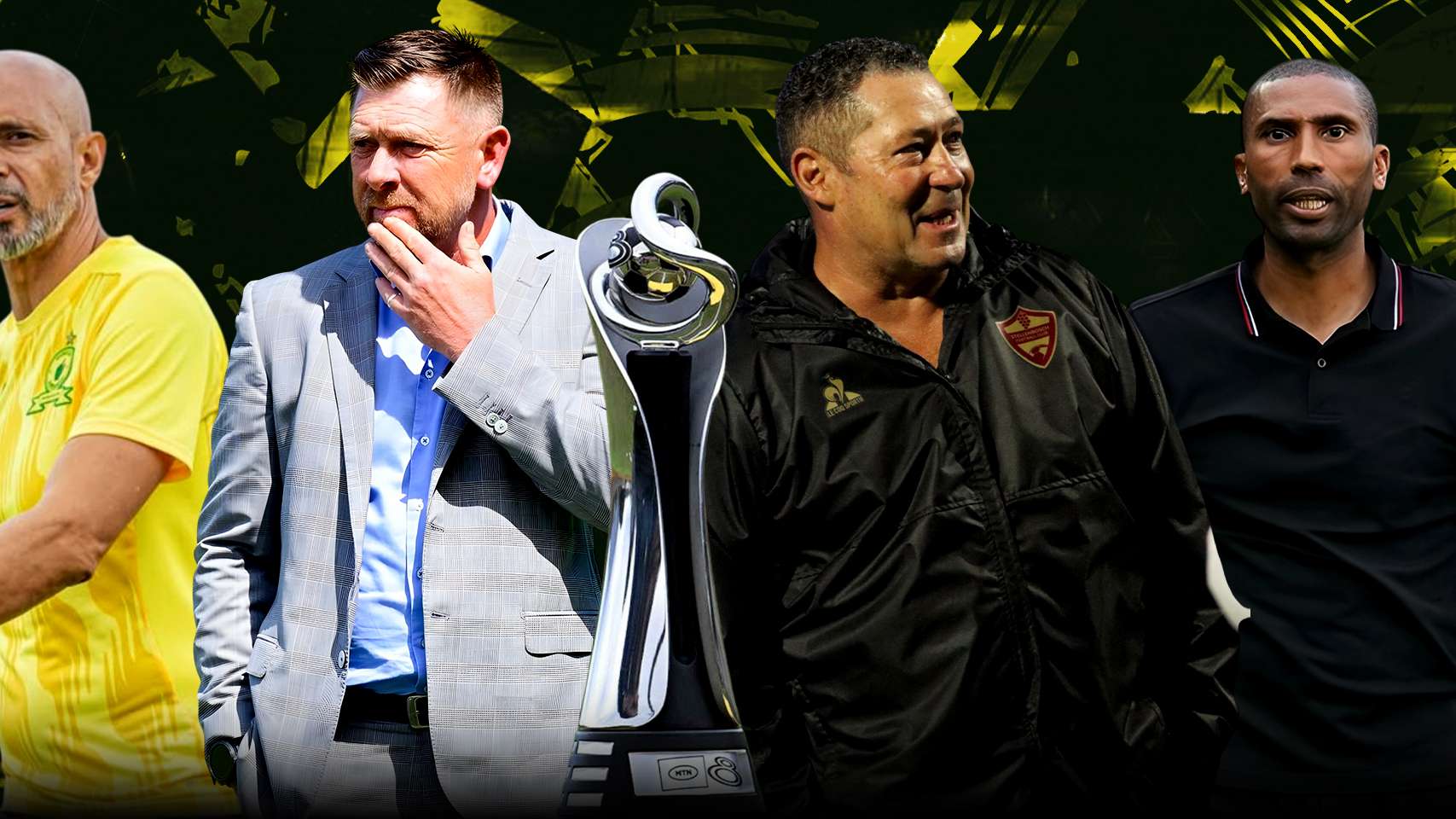 Abdeslam Ouaddou (Orlando Pirates), Eric Tinkler (Sekhukhune United), Steve Barker (Stellenbosch) and Miguel Cardoso (Mamelodi Sundowns 2-1