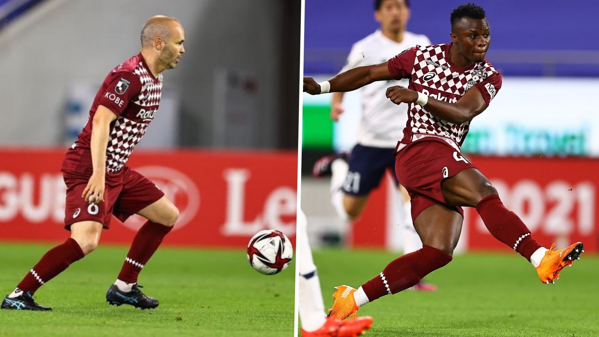 Ayub Timbe and Andres Iniesta of Vissel Kobe.