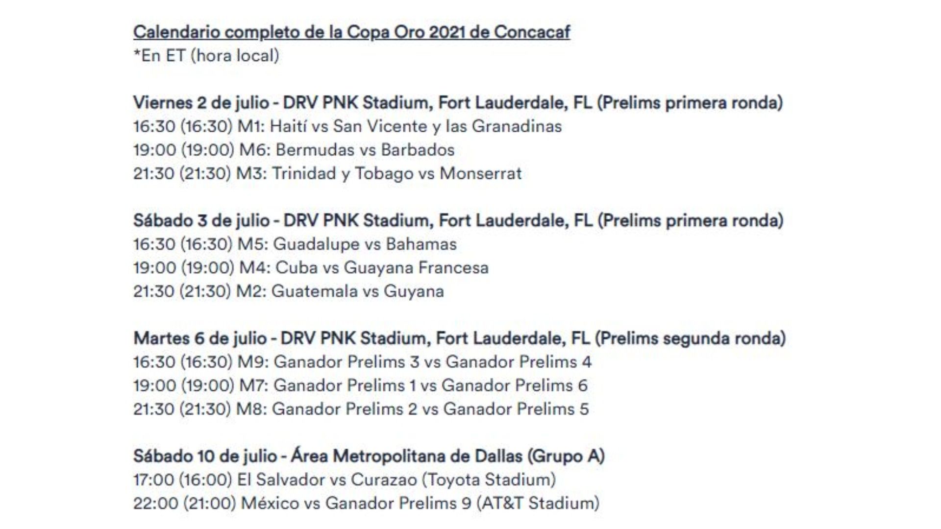 fechas, horarios y partidos de la ronda preliminar copa oro 2021