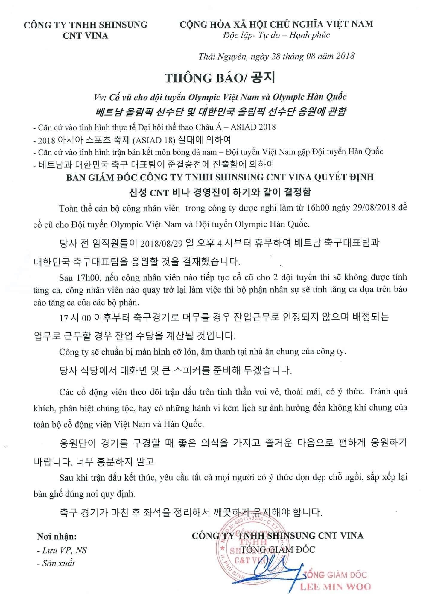 Công Ty Shinsung Vina cho nhân viên nghỉ làm