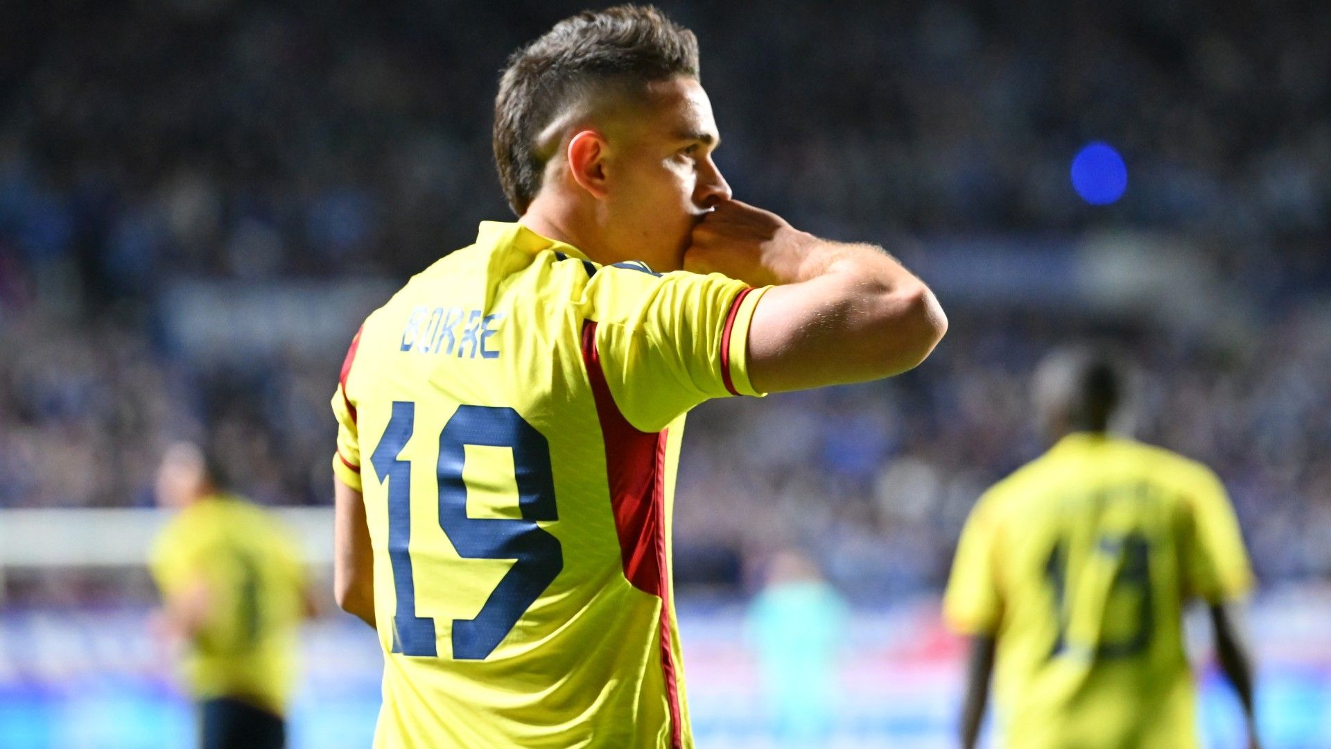 Rafael Santos Borre (C) of Colombia