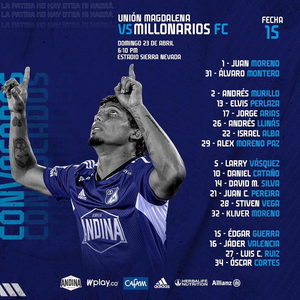 Convocados Millonarios Fecha 15 Liga BetPlay 2023