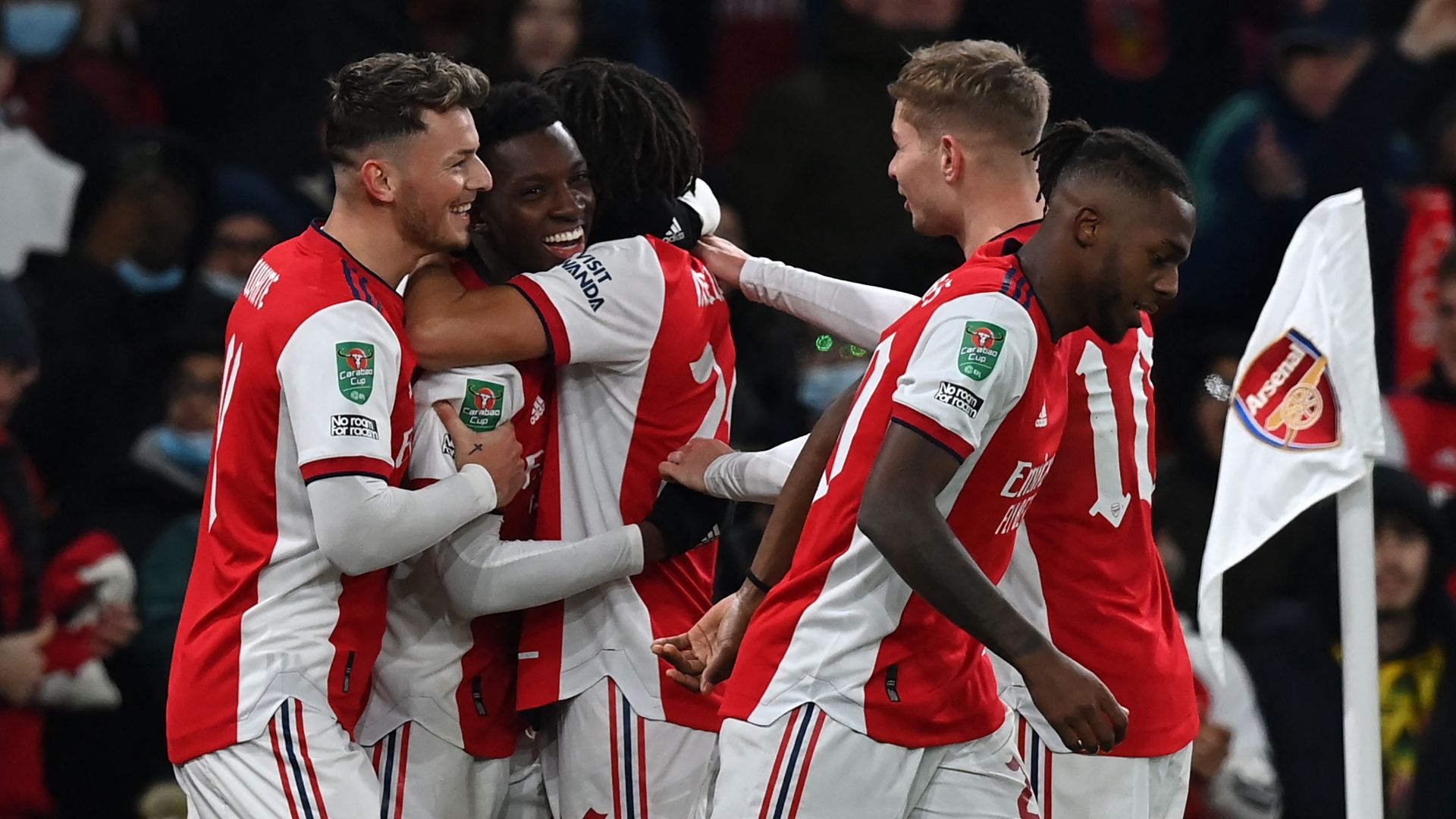 Arsenal celebrate Eddie Nketiah goal vs Sunderland 2021-22