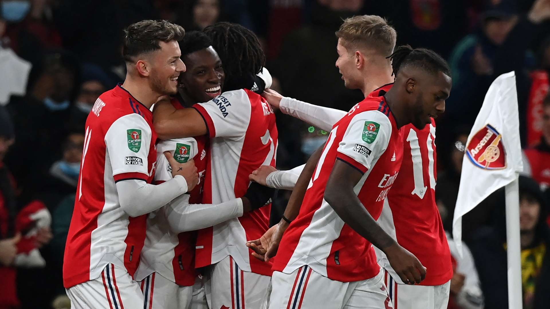Arsenal celebrate Eddie Nketiah goal vs Sunderland 2021-22