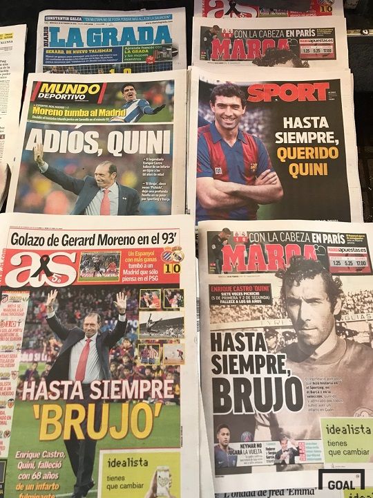28일(현지시간) 문도 데포르티보, 마르카, 아스,스포르트 등 스페인 신문 1면에 보도된 키니의 사망소식. 사진=골닷컴 이하영 에디터
