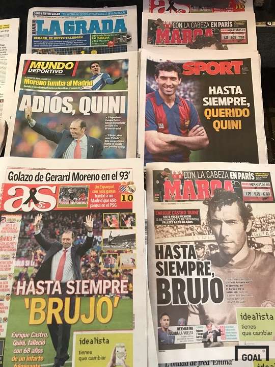 28일(현지시간) 문도 데포르티보, 마르카, 아스,스포르트 등 스페인 신문 1면에 보도된 키니의 사망소식. 사진=골닷컴 이하영 에디터