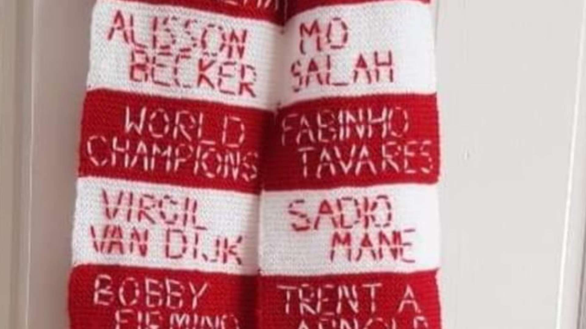 Liverpool scarf knitted by fan Lizzie Hoare 2020