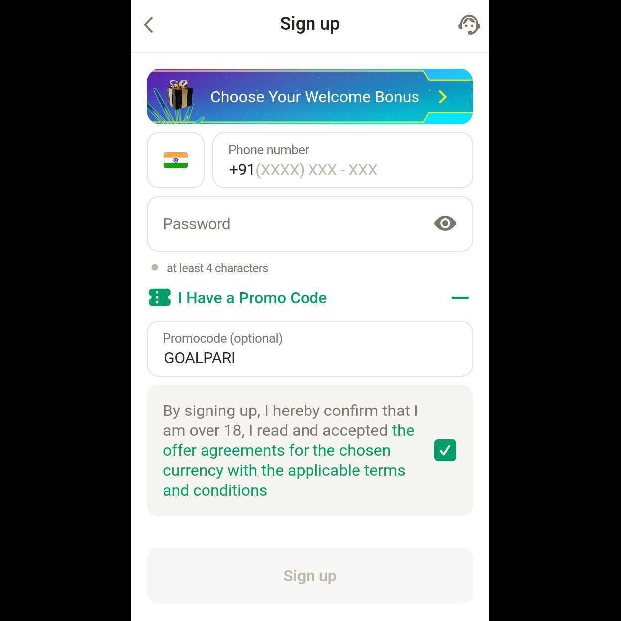 Parimatch registration