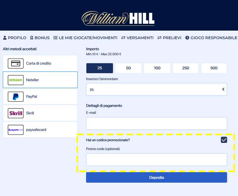 codice promozionale william hill deposito